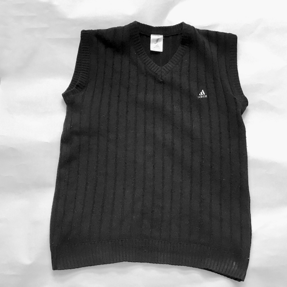 ADIDAS Sweater Vest Mens Size L Wool Blend Pullover Black Cable V Neck Soccer